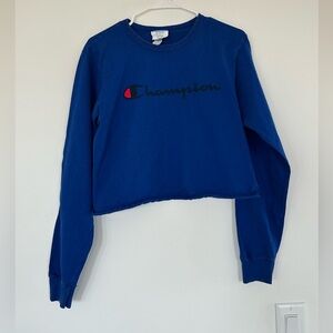 Champion Logo Blue Crop Long Sleeve T-Shirt Shirt